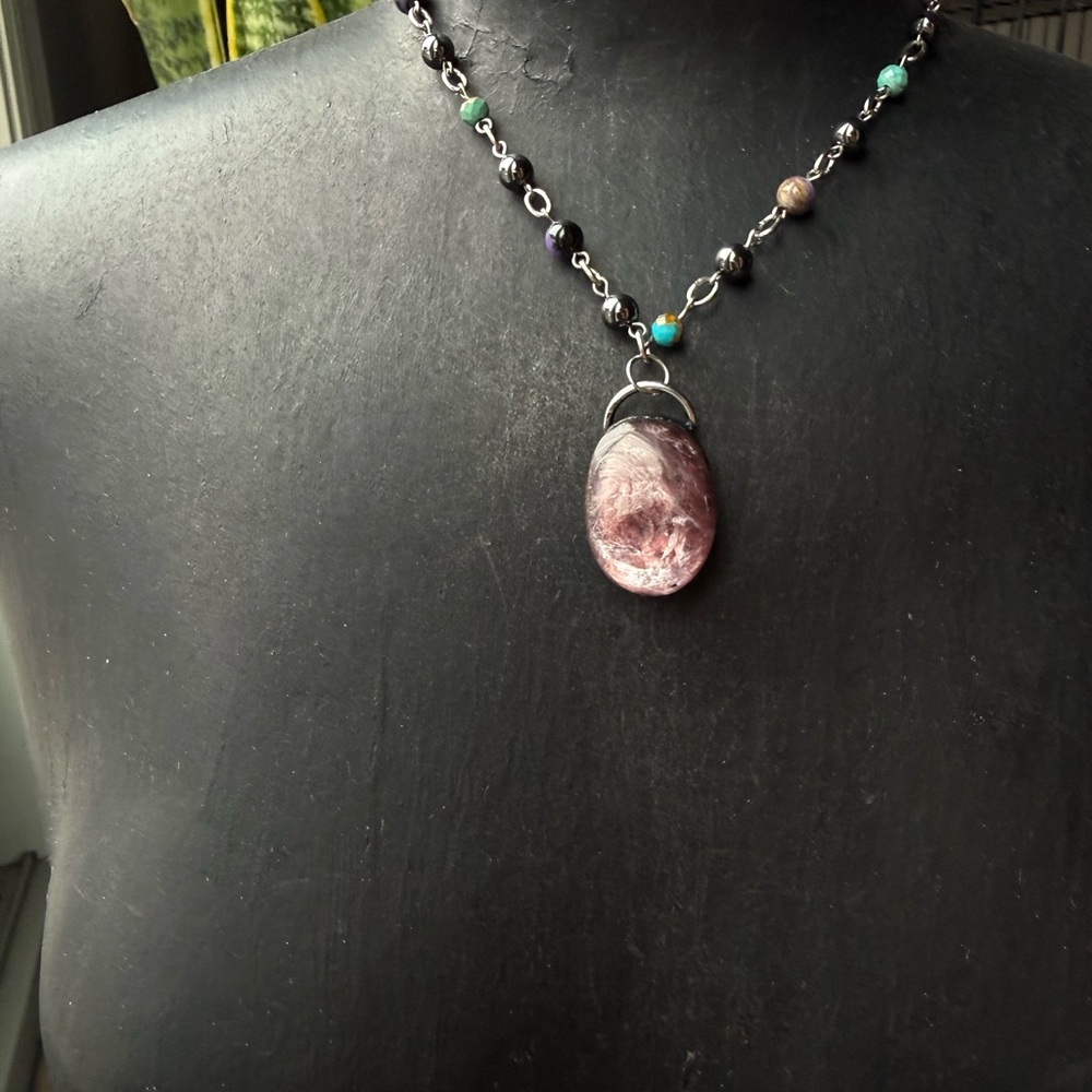 Lepidolite on beaded chain handmade Pendant Necklace turquoise hematite chariote